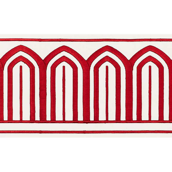 Arches Embroidered Tape Wide Red 70771 by Schumacher Designer Trim Miles Redd 5.3" - Swanky Fabrics -