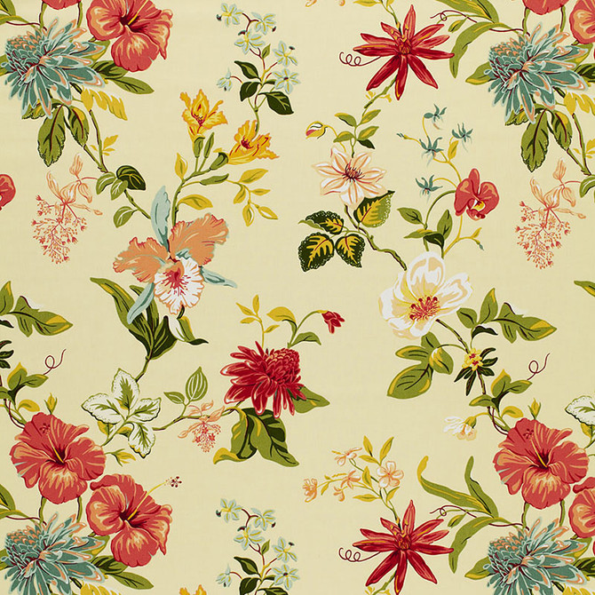 Lanai Floral Yellow 170491 by Schumacher Designer Fabric PRINTED FAB VOL XIV See Sample THAILAND NOT APPLICABLE </p><p>Repeat: Horizontal: 27" (69CM) and Vertical: 27" (69CM) 54" WIDE (137CM) - Swanky Fabrics -