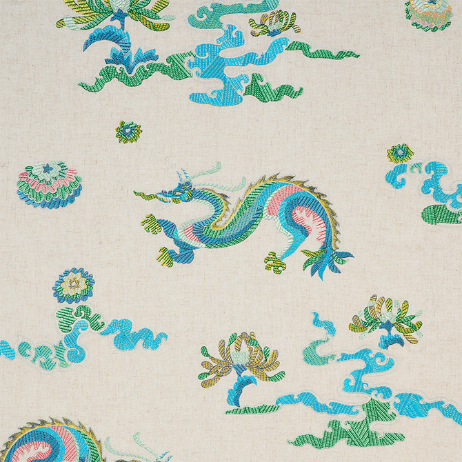 Hanlun Dragon Embroidery Natural 78110 by Schumacher Designer Fabric FIRE BREATHER See Sample INDIA - </p><p>Repeat: Horizontal: 52 1/4" (133CM) and Vertical: 30 1/4" (77CM) 52 1/4" (133CM) - Swanky Fabrics -
