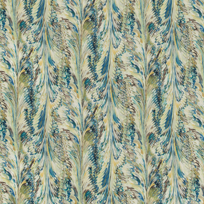 Taplow Print Peacock/Gold by Lee Jofa Designer Fabric MANOR HOUSE LINEN - 100% Austria MEDIUM Horizontal: 36.5 and Vertical: 31.5 56.8 - Swanky Fabrics -