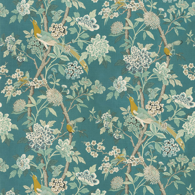 Hydrangea Bird (Archive) Teal by G P & J Baker Designer Fabric CHIFU LINEN - 100% Thailand MEDIUM Horizontal: 52.796 and Vertical: 41.764 52.796 - Swanky Fabrics -