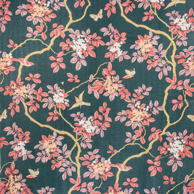7814-10 Birds And Butterfly Herringbone Nightfall by Bassett Mcnab Designer Fabric BASSETT MCNAB ORIGINS 100%LIN USA Horizontal: 48.000 and Vertical: 49.000 48 in - Swanky Fabrics -