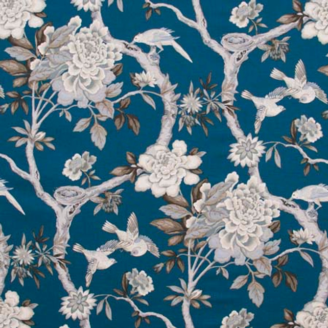 Bird Sanctuary Prussian by Carole Designer Fabric Red Sea 100% Cotton -SSR Peru 25,000 Wyzenbeek Double Rubs 25 1/4" V, 13 1/2" H HD 54" - Swanky Fabrics -