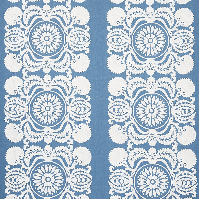 Castanet Embroidery Chambray 70262 by Schumacher Designer Fabric BOHEMIA LINEN 80% SPUN VISCOSE 20% INDIA </p><p>Repeat: Horizontal: VERT. 25 7/8" (66CM) and Vertical: 15 5/8" (40CM) 52 - Swanky Fabrics -