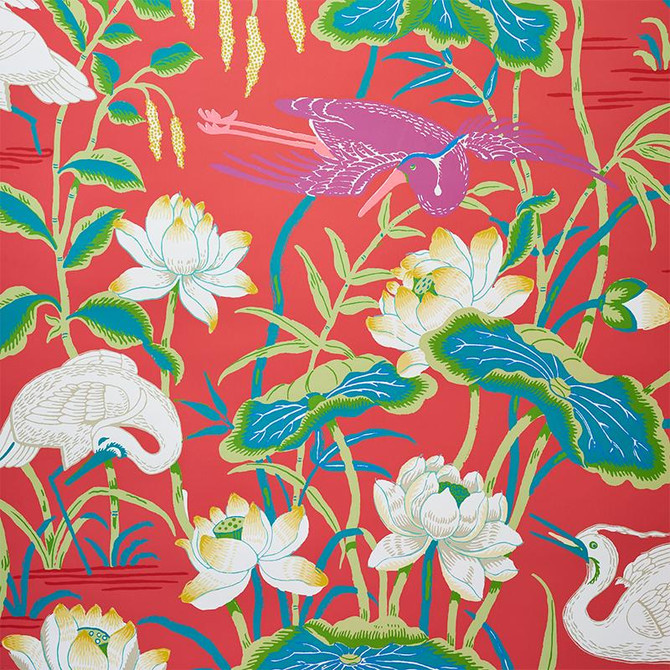 Lotus Garden Red 5008434 by Schumacher Designer Wallpaper Signature Schumacher 27.0" - Swanky Fabrics -