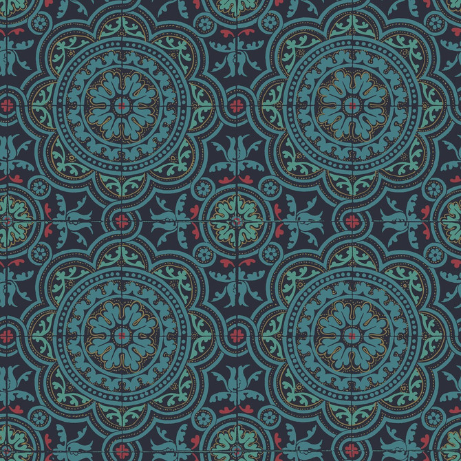 Piccadilly Petrol/Red/Metallic Gold On Ink by Cole & Son Designer Wallcovering COLE & SON SEVILLE NON WOVEN - 100% United Kingdom Horizontal: 20.8 and Vertical: 20.8 20.8 - Swanky Fabrics -