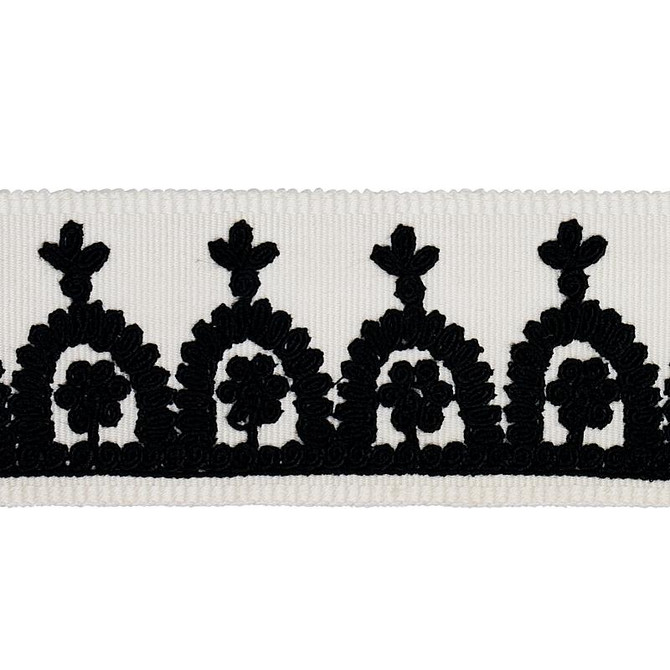 Noelia Embroidered Tape Black On Ivory 74155 by Schumacher Designer Trim East Meets West 1.0" - Swanky Fabrics -