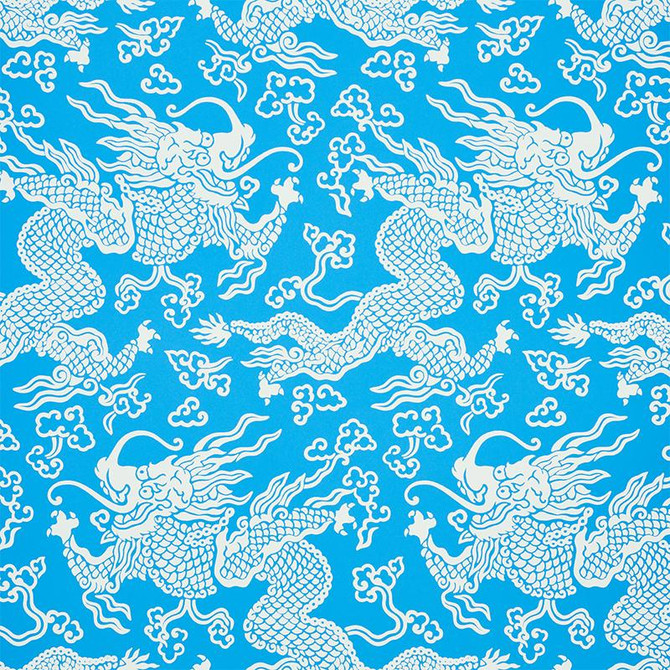 Ruan Dragon Damask Blue 5010881 by Schumacher Designer Wallpaper Fire Breather 27.0" - Swanky Fabrics -