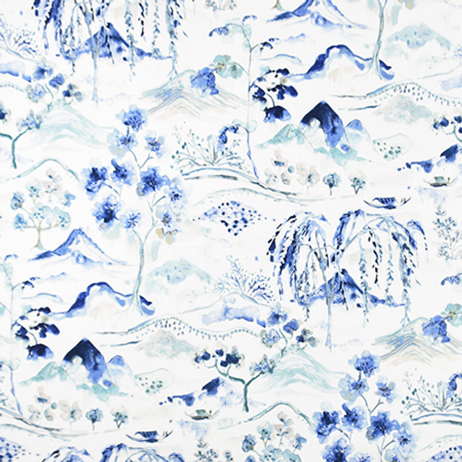 A Day Off Indigo by Carole Designer Fabric Bluebell 100% Cotton Spain 27" V, 13 1/2" H HD 54" - Swanky Fabrics -