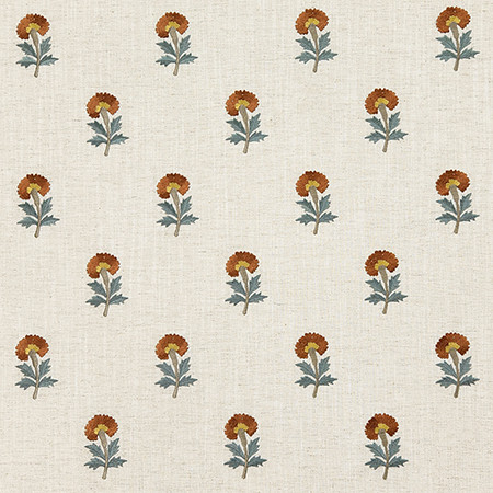 Basket Flower Persimmon by Carole Designer Fabric Dawn & Dusk Base: 82% Polyester, 11% Cotton, 7% Linen, Embr: 100% Rayon India 6 1/4" V, 2 5/8" H HD 53" - Swanky Fabrics -