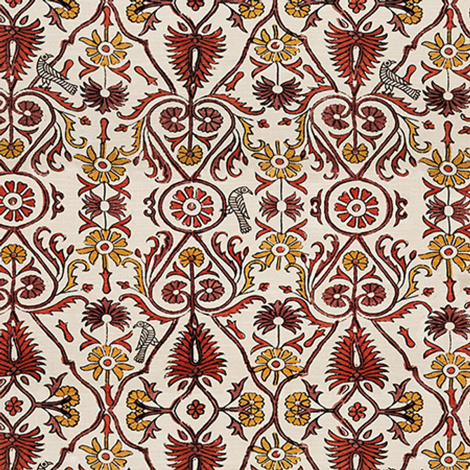 Bird Gathering Cinnabar by Carole Designer Fabric Dawn & Dusk 75% Cotton, 25% Linen Pakistan 27,000 WYZENBEEK DOUBLE RUBS 32" V, 27" H 54" - Swanky Fabrics -