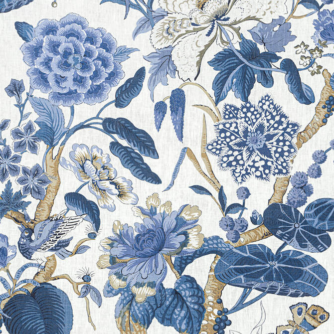Hill Garden Blue and White F913659 by Thibaut Fabric Thibaut Fabric Hill Garden Blue and White F913659Fabric Grand Palace Fabric Book 100% Linen UNITED STATES </p><p>Repeat: V: 35.5 54 - Fabric Carolina -