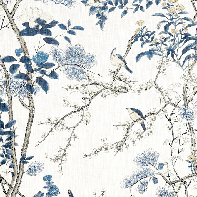 Katsura Blue and White F913619 by Thibaut Fabric Thibaut Fabric Katsura Blue and White F913619Fabric Grand Palace Fabric Book 82% Viscose, 18% Linen SCOTLAND </p><p>Repeat: V: 50.5 54 - Fabric Carolina -
