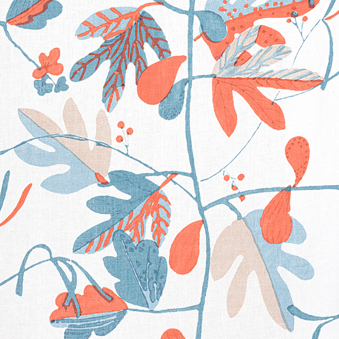 Matisse Leaf French Blue and Coral F916207 by Thibaut Fabric Thibaut Fabric Matisse Leaf French Blue and Coral F916207Fabric Kismet Fabric Book 100% Linen U.S.A. </p><p>Repeat: V: 29.75 54 - Fabric Carolina -