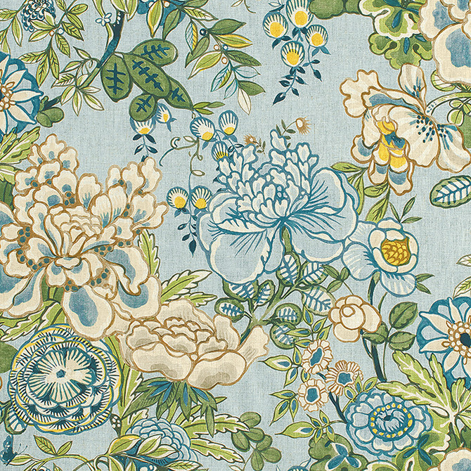 Peony Garden Spa Blue F942020 by Thibaut Fabric Thibaut Fabric Peony Garden Spa Blue F942020Fabric Sojourn Fabric Book 100% Linen UNITED STATES </p><p>Repeat: V: 27 54 - Fabric Carolina -