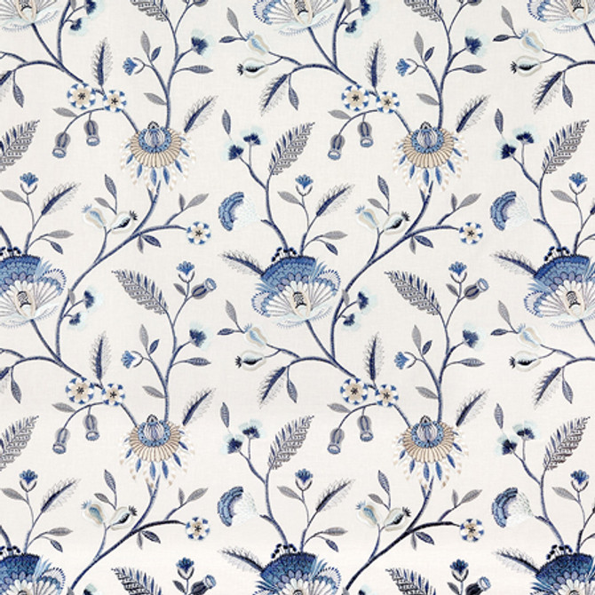 Garden To Love Dream Blue by Carole Designer Fabric Blue Crush Base: 52% Recycled Polyester, 48% Cotton Embr: 40% Recycled Polyester, 37% Cotton, 23% Viscose India 18 1/2" V, 17" H 51"" - Swanky Fabrics -