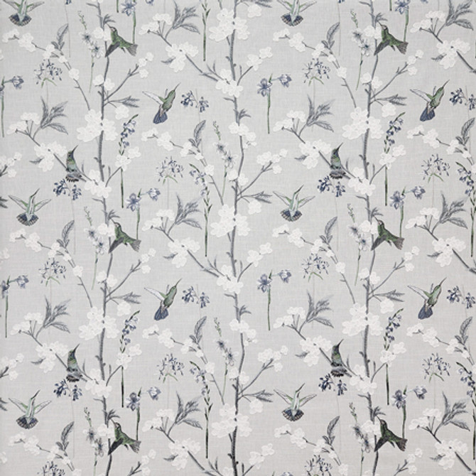 Hummingbird Gathering Frost by Carole Designer Fabric Misty Glen Base: 69% Cotton, 31% Polyester Embr: 100% Rayon India 18 1/2" V, 25" H 50"" - Swanky Fabrics -