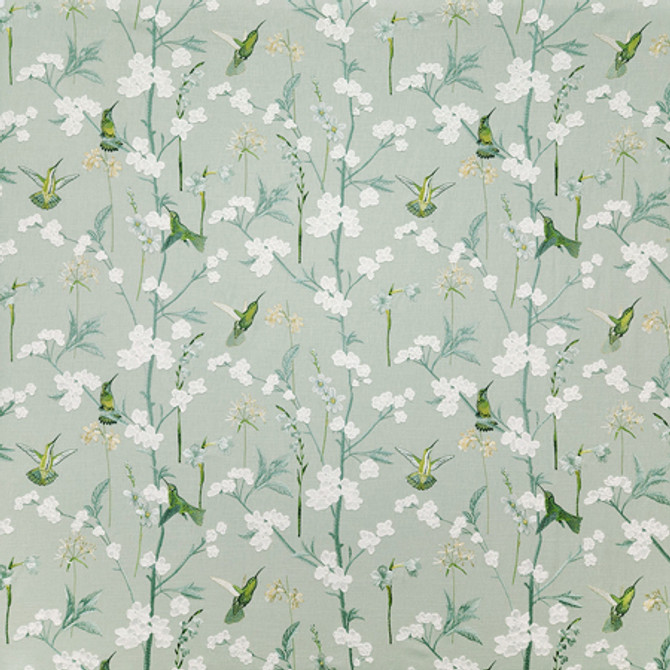 Hummingbird Gathering Jade by Carole Designer Fabric Misty Glen Base: 69% Cotton, 31% Polyester Embr: 100% Rayon India 18 1/2" V, 25" H 50"" - Swanky Fabrics -
