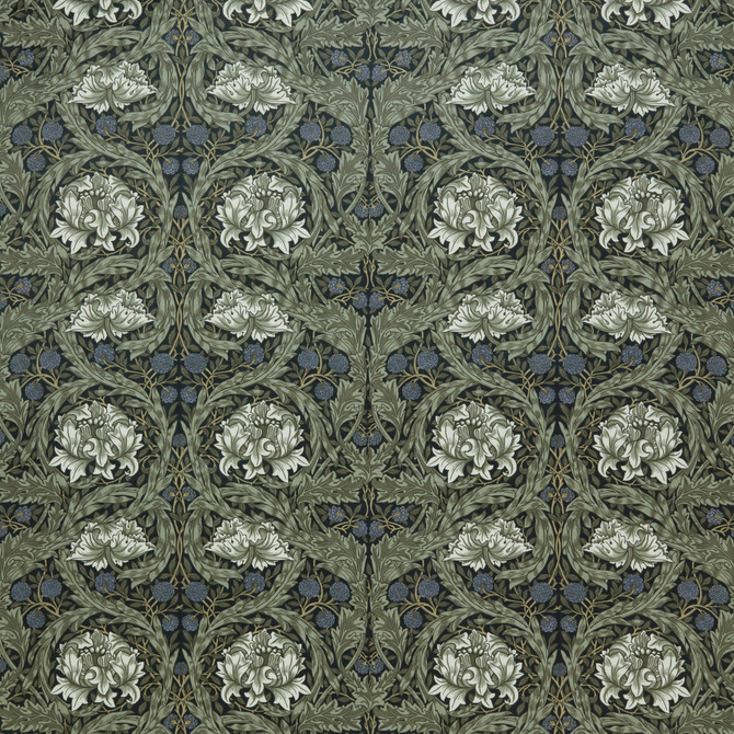 7877 African Marigold Velvet 1 Ink by Wmah Fabric Wmah Fabric 7877 African Marigold Velvet 1 InkFabric WILLIAM MORRIS AT HOME KELMSCOTT GARDENS VOL 2 100%POL TURKEY </p><p>Repeat: H: 27.125, V: 16.125 54 in - Fabric Carolina -