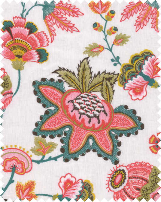 Mind The Gap Fabric MIDSUMMER FLORAL Embroidered Fabric (FB00081) | FB00081 | WOODSTOCK '69 LIFESTYLE COLLECTION | Pink, Taupe, Turquoise | Fabric Carolina | https://www.fabriccarolina.com/
