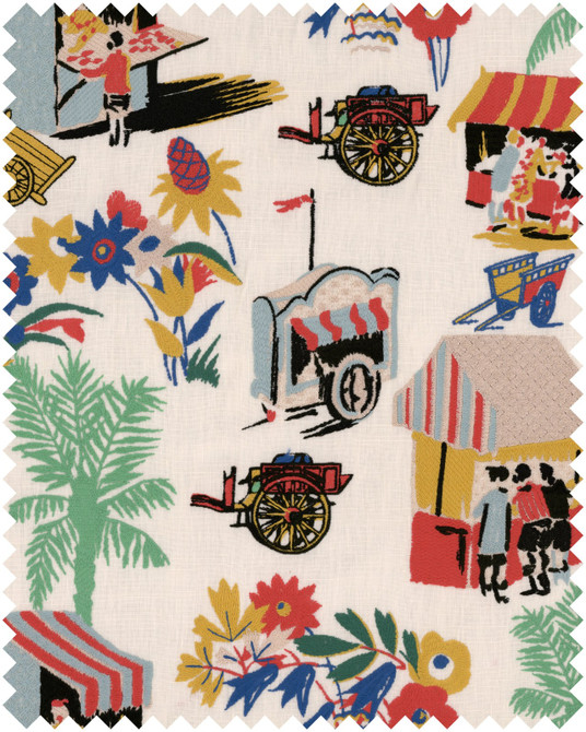 Mind The Gap Fabric CARRETTO DEL CIBO Taupe Embroidered Fabric (FB00149) | FB00149 | LA DOLCE VITA | Blue, Cream, Green, Red, Turquoise, Yellow | Fabric Carolina | https://www.fabriccarolina.com/