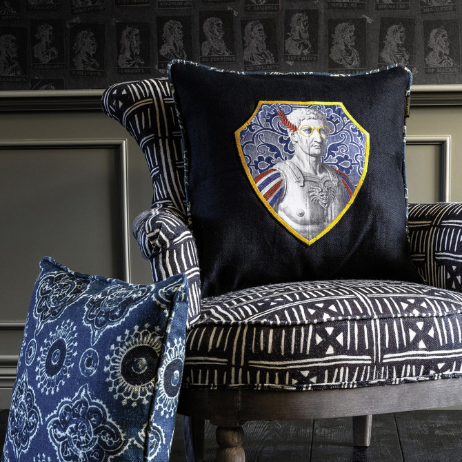 Tiberius Linen Embroidered Cushion by Mind the Gap Designer Pillow THE HOME OF AN ECCENTRIC MAN 100% Linen Made in United Kingdom Assorted piping 20 x 20 in - Swanky Fabrics -