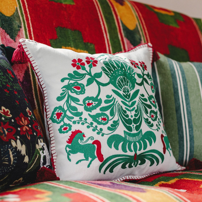 Mind The Gap Pillows HORSE PARADE Linen Embroidered Cushion (LC40081) | LC40081 | TRANSYLVANIAN ROOTS | 20 x 20 in | Green, Red | Fabric Carolina | https://www.fabriccarolina.com/