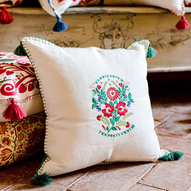 Transsilvaniae Florilegium Linen Embroidered Cushion by Mind the Gap Designer Pillow TRANSYLVANIAN ROOTS 100% Linen Made in Turkey Green tassels 20 x 20 in - Swanky Fabrics -