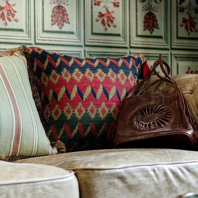 Cortina Cushion by Mind the Gap Designer Pillow TYROL APRES-SKI HOME COLLECTION 35% Cotton, 28% Polyacrylic, 23% Wool, 14% other fibres Made in Romania Tasseled corners 20 x 20 in - Swanky Fabrics -