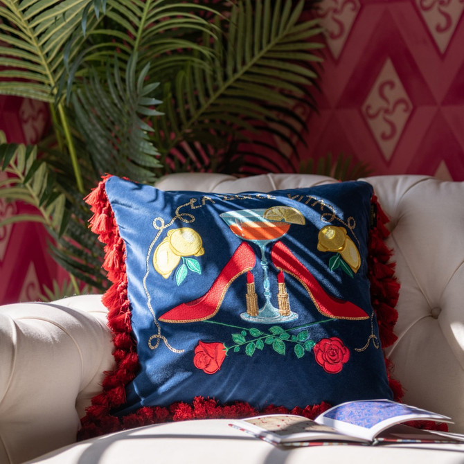 Mind The Gap Pillows LA DOLCE VITA Embroidered Velvet Cushion (LC40211) | LC40211 | LA DOLCE VITA | 20 x 20 in | Blue, Green, Orange, Red, Yellow, Gold | Fabric Carolina | https://www.fabriccarolina.com/