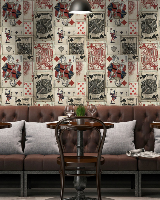 Mind The Gap Wallpaper PLAYCARDS Premium Wallpaper (WP20019) | WP20019 | WALLPAPER DESIGNER COLLECTION | 3 rolls x 20.5 x 118.1 in | 0.52m / 20.5in | 3m / 118in | 4.65mp | 60cm / 23.6in | Black, Blue, Red, Taupe | Non-woven | Paste the wall | 3-rolls in a box | Fabric Carolina | https://www.fabriccarolina.com/