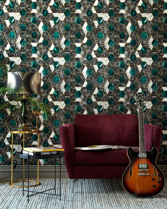 Hexa Onyx Metallic Edition Wallpaper by Mind the Gap Designer Wallpaper THE WALLPAPER COLLECTABLES Satin Matte Made in Europe Paste the wall 1 roll x 20.5x10.9 yards - Swanky Fabrics -