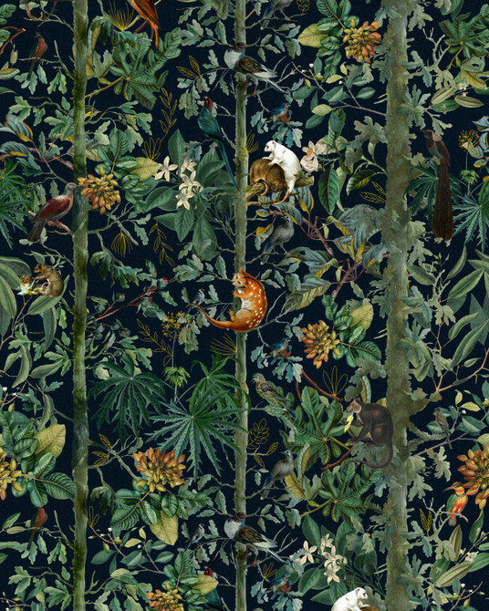 Wildlife Of Papua Dark Wallpaper by Mind the Gap Designer Wallpaper THE WALLPAPER COMPENDIUM 1 Non-woven Made in Europe Paste the wall 3 rolls x 20.5 x 3.25 yards - Swanky Fabrics -