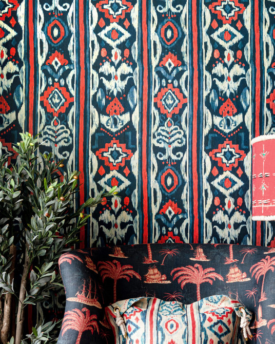 Mind The Gap Wallpaper MEDITERRANEO Indigo Wallpaper (WP20566) | WP20566 | SUNDANCE VILLA | 3 rolls x 20.5 x 118.1 in | 0.52m / 20.5in | 3m / 118in | 4.65mp | 70cm / 27.6in | Indigo, Red, White | Textured Matte | Paste the wall | 3-rolls in a box | Fabric Carolina | https://www.fabriccarolina.com/