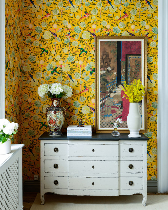 The Garden Of Immortality Mustard Yellow by Mind the Gap Designer Wallpaper THE WALLPAPER COMPENDIUM 2 Satin Matte Made in Europe Paste the wall 3 rolls x 20.5 x 3.25 yards - Swanky Fabrics -