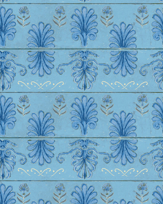 Mykonos Villa Motif Azure Wallpaper by Mind the Gap Designer Wallpaper SUNDANCE VILLA Satin Matte Made in Europe Paste the wall 1 roll x 20.5 x 10.9 yards - Swanky Fabrics -