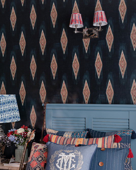 Maiysha Indigo Wallpaper by Mind the Gap Designer Wallpaper WOODSTOCK '69 LIFESTYLE COLLECTION Satin Matte Made in Europe Paste the wall 1 roll x 20.5 x 10.9 yards - Swanky Fabrics -