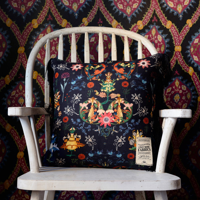 Transylvania Folk Linen Cushion by Mind the Gap Designer Pillow NOMAD STORY 100% Linen Made in United Kingdom Black fringes on two sides 20 x 20 in - Swanky Fabrics -