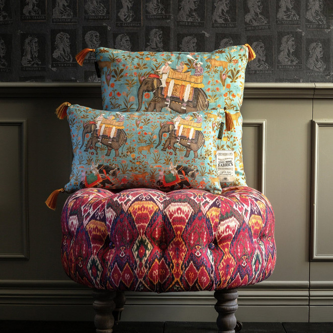 Hindustan Aquamarine Linen Cushion by Mind the Gap Designer Pillow NOMAD STORY 100% Linen Made in United Kingdom Copper tassels on corners 20 x 12 in - Swanky Fabrics -