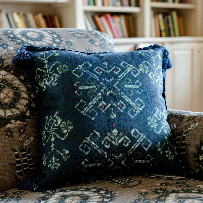 Roots Linen Cushion by Mind the Gap Designer Pillow TRANSYLVANIAN ROOTS 100% Linen Made in Romania Blue tassels 20 x 20 in - Swanky Fabrics -