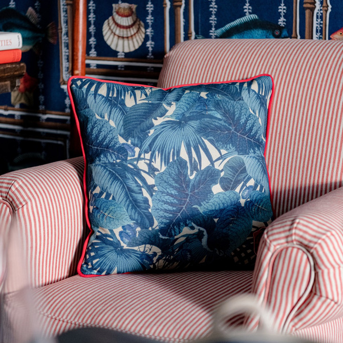 Paradeisos Cushion by Mind the Gap Designer Pillow SUNDANCE VILLA 100% Linen Made in Romania Red piping 20 x 20 in - Swanky Fabrics -