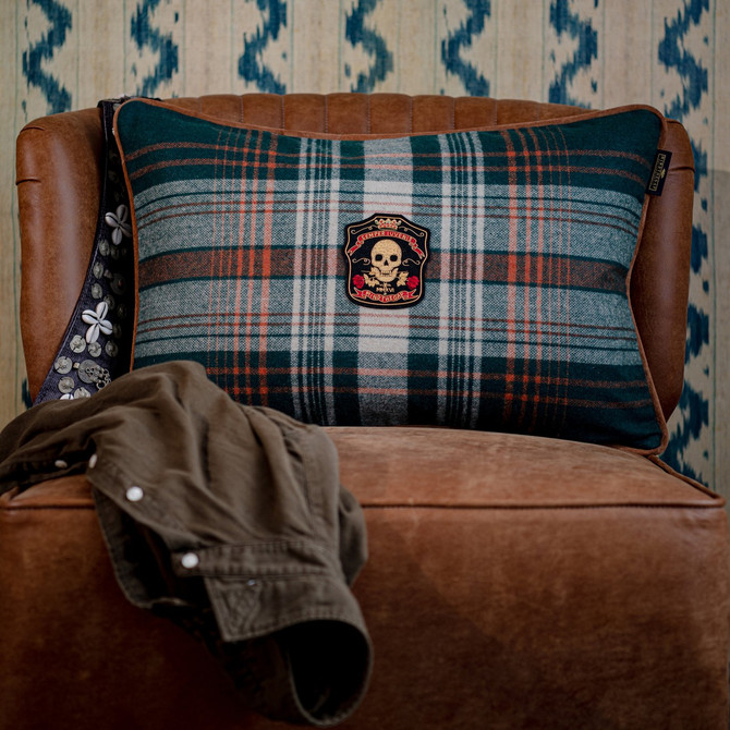 Monterey Plaid Green Wool Cushion by Mind the Gap Designer Pillow WOODSTOCK '69 LIFESTYLE COLLECTION 70% Wool, 30% other fibres Made in Romania Leather piped edge 23,6 x 15,8 in - Swanky Fabrics -