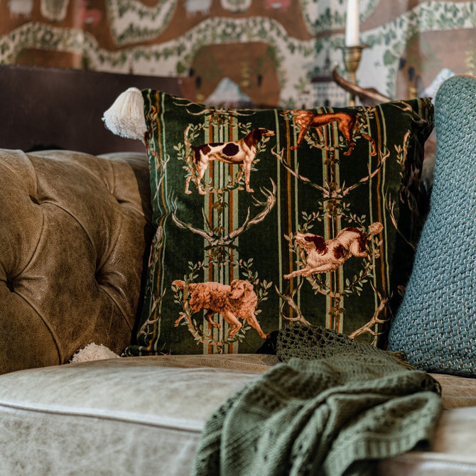 Mind The Gap Pillows MOUNTAIN DOGS Cypress Green Velvet Cushion (LC40180) | LC40180 | TYROL APRES-SKI HOME COLLECTION | 20 x 20 in | Brown, Green, Taupe, Yellow | Fabric Carolina | https://www.fabriccarolina.com/