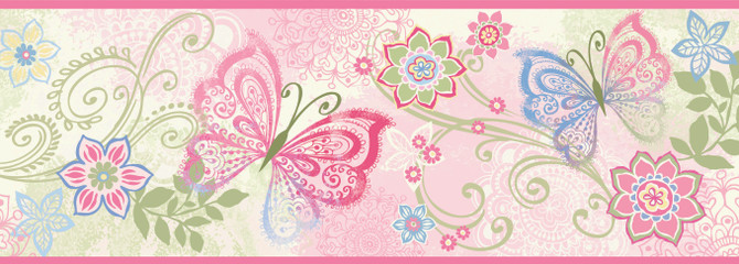 Fantasia Pink Boho Butterflies Scroll Wallpaper by Chesapeake Designer Borders By Chesapeake Covers about 8.1 square feet 6.5-in by 15-ft long roll Prepasted 0 - Swanky Fabrics -
