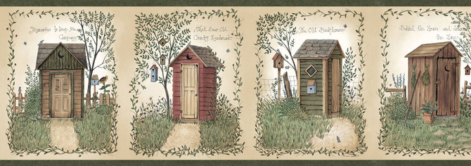Fisher Sage Country Outhouses Wallpaper by Chesapeake Designer Countryside Covers about 7.5 square feet 6-in by 15-ft long roll Prepasted 0 - Swanky Fabrics -