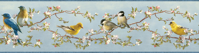Louise Blue Songbird Portrait Wallpaper by Chesapeake Designer Outdoors Covers about 8.1 square feet 6.5-in by 15-ft long roll Prepasted 0 - Swanky Fabrics -