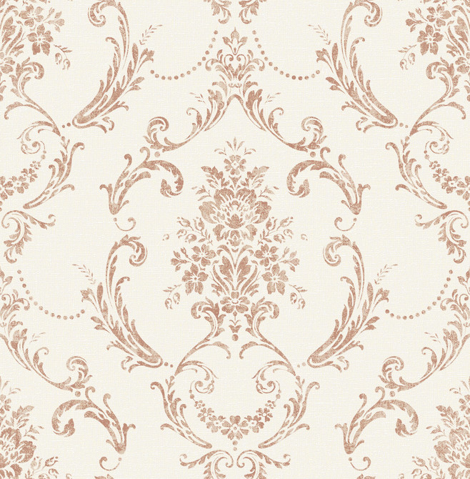 Glenda Copper Floral Damask Wallpaper by Advantage Designer Curio Covers about 56.4 square feet 20.5-in by 33-ft long roll Unpasted 20.8 - Swanky Fabrics -