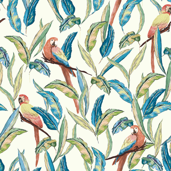 Timor White Tropical Parrot Wallpaper by ohpopsi Designer Wild Covers about 54.2 square feet 19.7-in by 33-ft long roll Unpasted 19.7 - Swanky Fabrics -