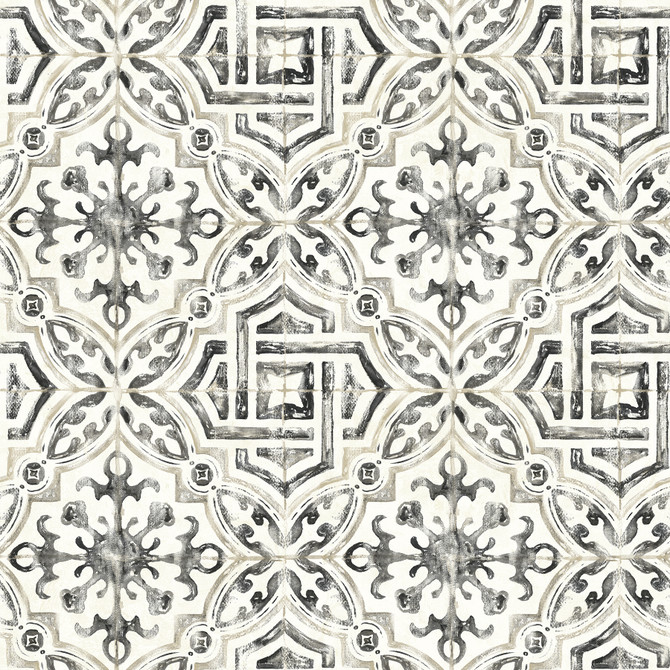 Sonoma Black Spanish Tile Wallpaper by Chesapeake Designer Homestead Covers about 56.4 square feet 20.5-in by 33-ft long roll Prepasted 20.5 - Swanky Fabrics -