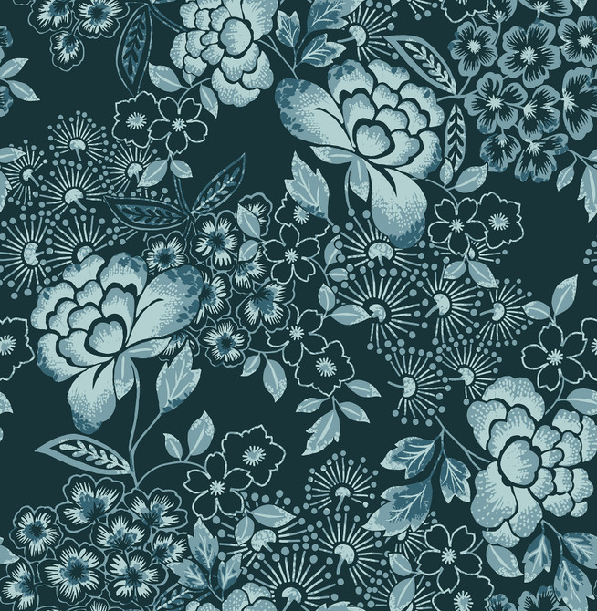 Irina Navy Floral Blooms Wallpaper by A-Street Prints Designer Happy Covers about 56.4 square feet 20.5-in by 33-ft long roll Unpasted 20.9 - Swanky Fabrics -